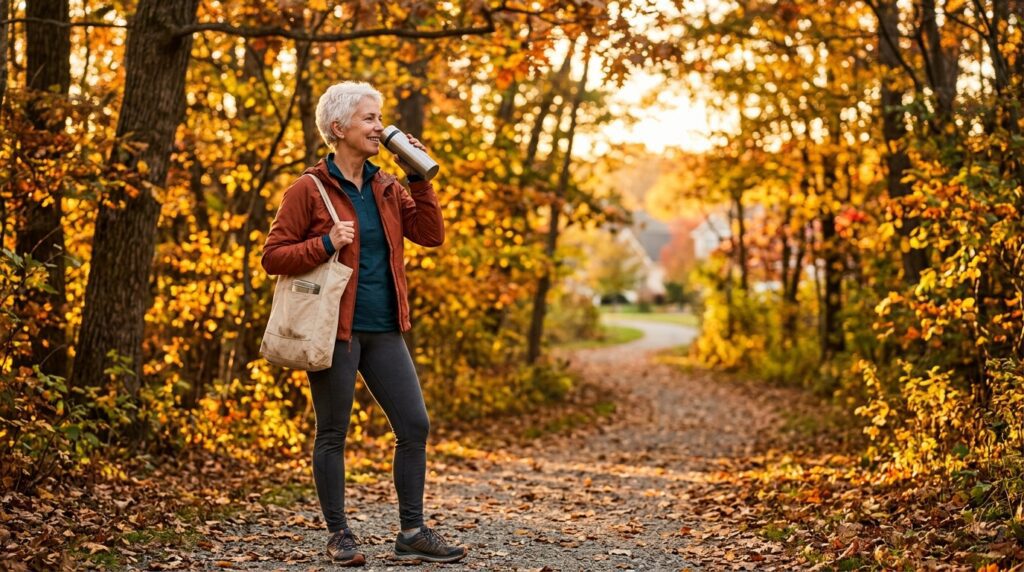 Active woman over 55 drinking green tea on outdoor walk for weight loss
