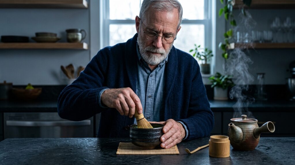 Older man precisely whisking matcha green tea to maximize EGCG benefits
