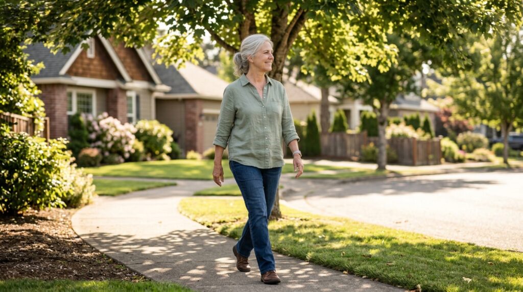 hyaluronic acid benefits for joints — silver-haired woman walking confidently through sunny suburban neighborhood