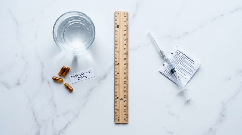 hyaluronic acid benefits for joints — flat lay comparing oral capsules and injection syringe on white marble
