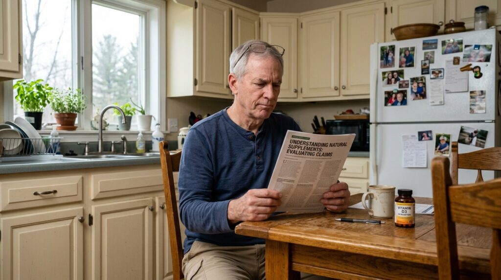hyaluronic acid benefits for joints — older man reading supplement label at kitchen table with thoughtful expression
