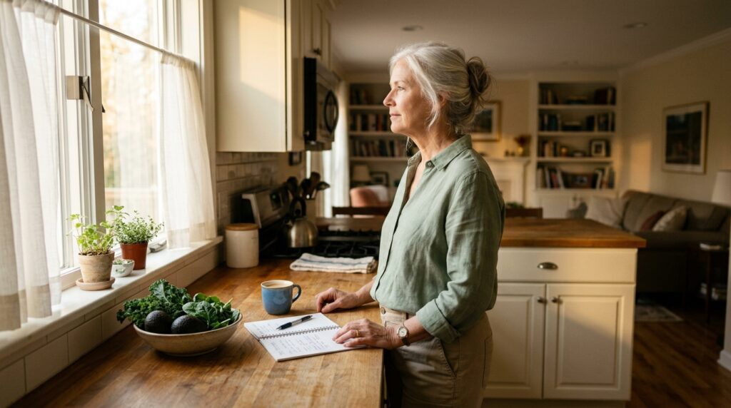 keto diet and blood sugar benefits — woman in sunny home kitchen planning low-carb meals