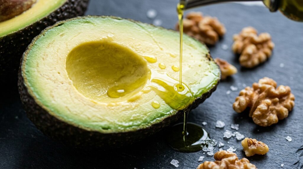 keto diet and blood sugar benefits — avocado and olive oil macro showing healthy fats
