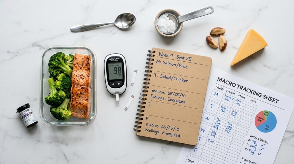 keto diet and blood sugar benefits — flat lay of keto meal prep tools and glucose meter

