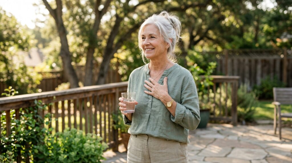 magnesium taurate benefits heart health — silver-haired woman on sunny backyard patio holding water with hand over heart