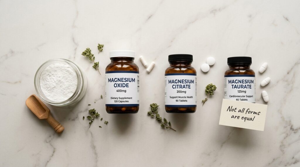 magnesium taurate benefits heart health — flat lay comparing different magnesium supplement forms on marble surface
