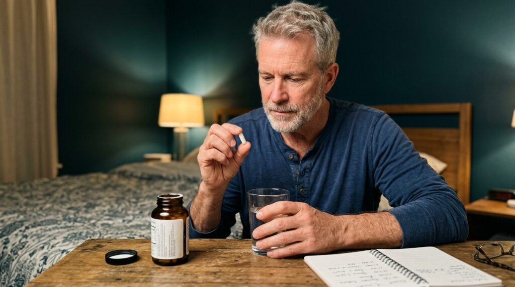 magnesium taurate benefits heart health — older man holding supplement capsule with water glass at bedside evening routine
