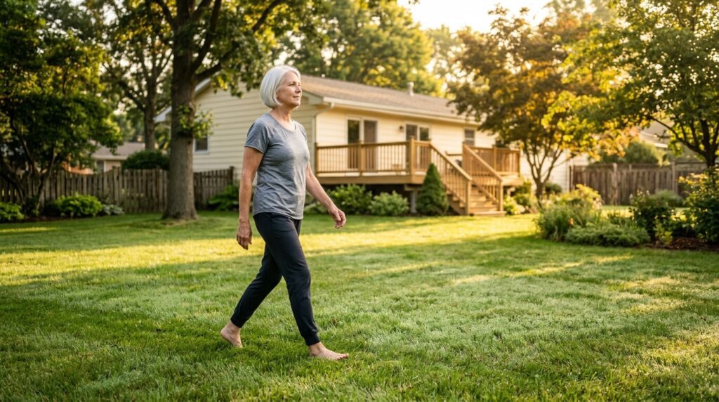 morning routine to lower blood sugar — silver-haired woman walking barefoot in sunny backyard at dawn