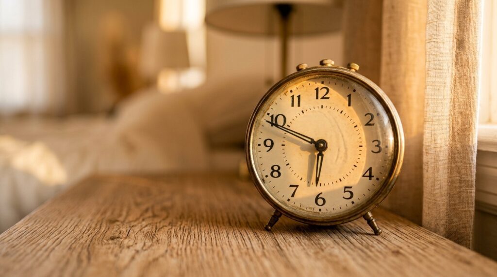 morning routine to lower blood sugar — analog clock in golden dawn light on wooden nightstand

