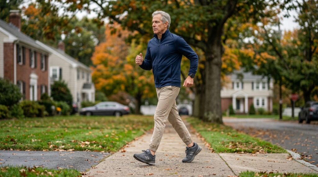morning routine to lower blood sugar — grey-haired man walking briskly on suburban sidewalk at morning
