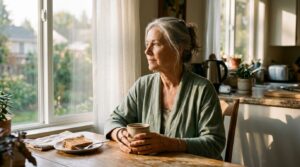 sleep deprivation blood sugar effects — woman in morning light holding tea with calm alertness