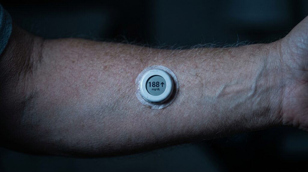 sleep deprivation blood sugar effects — glucose monitor on older man's forearm in dim bedroom light
