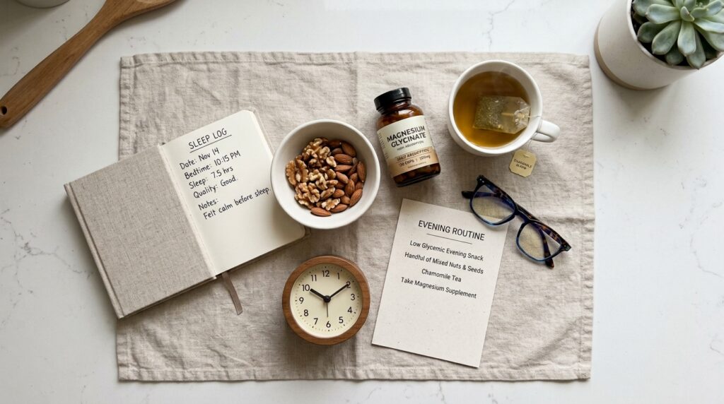 sleep deprivation blood sugar effects — flat lay of sleep journal magnesium tea and glucose tools
