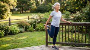 stretching routine for joint pain relief — woman doing hip stretch in sunny backyard