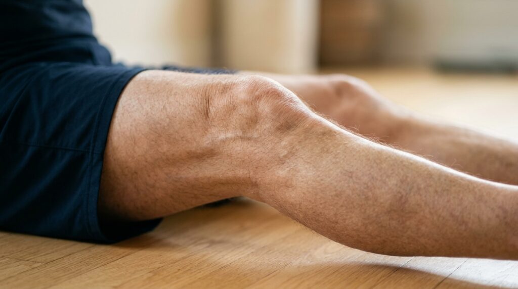 stretching routine for joint pain relief — close-up of knee joint during hamstring stretch
