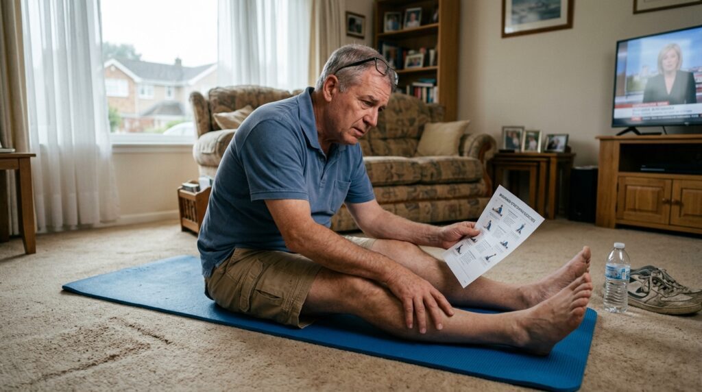 stretching routine for joint pain relief — man sitting incorrectly on mat reviewing instructions
