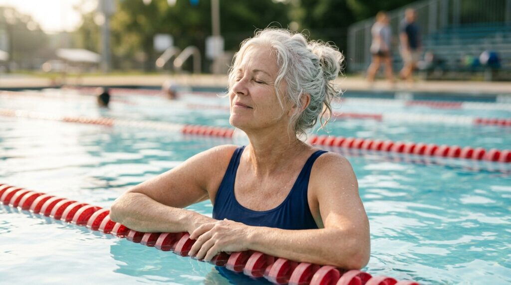swimming benefits for joint pain — silver-haired woman resting at pool edge with relief