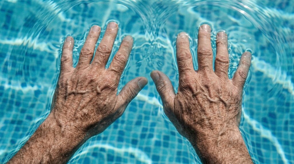 swimming benefits for joint pain — elderly hands floating weightless underwater pool light
