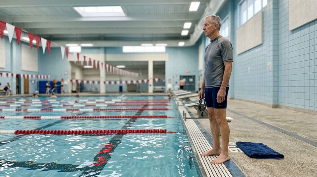 swimming benefits for joint pain — older man at pool lane ready to begin swimming
